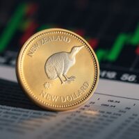 New Zealand Dollar coin on financial charts, representing currency market analysis.