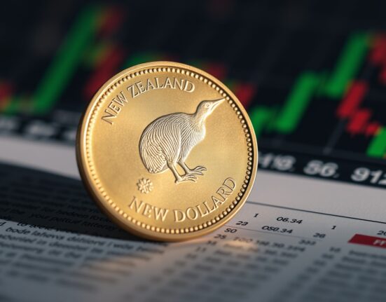 New Zealand Dollar coin on financial charts, representing currency market analysis.