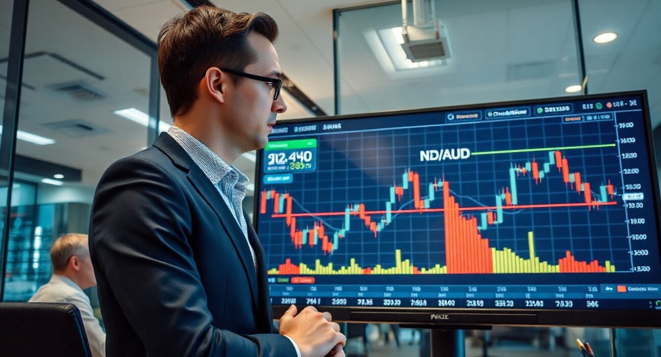 Financial analyst reviewing NZD/AUD currency chart on digital screen in modern office