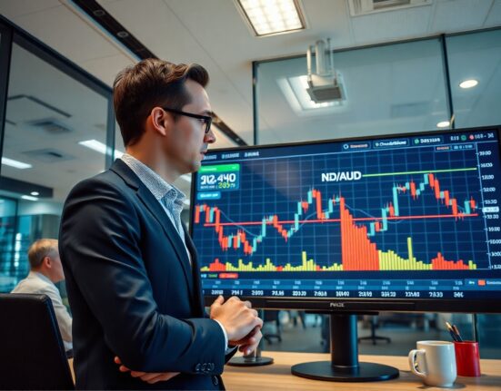 Financial analyst reviewing NZD/AUD currency chart on digital screen in modern office