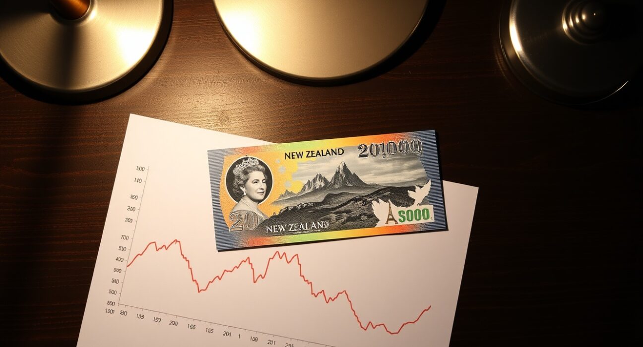 New Zealand Dollar banknote on desk with financial chart showing downward trend