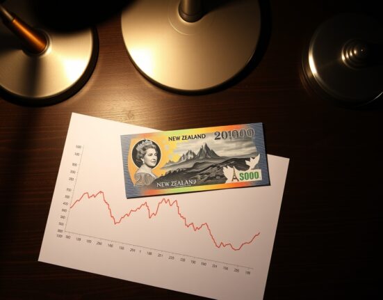 New Zealand Dollar banknote on desk with financial chart showing downward trend