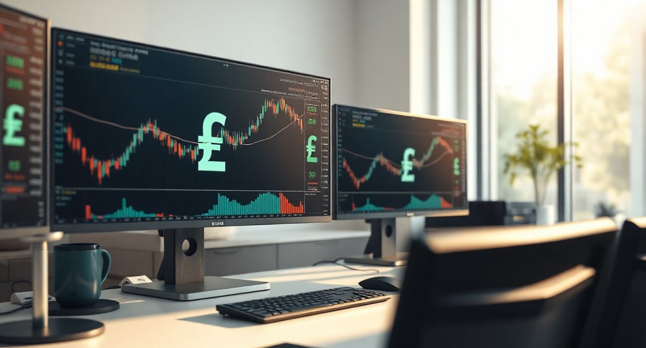 Financial trading desk with monitors showing NZD forex charts and RBNZ analysis