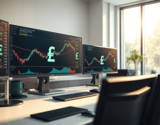 Financial trading desk with monitors showing NZD forex charts and RBNZ analysis