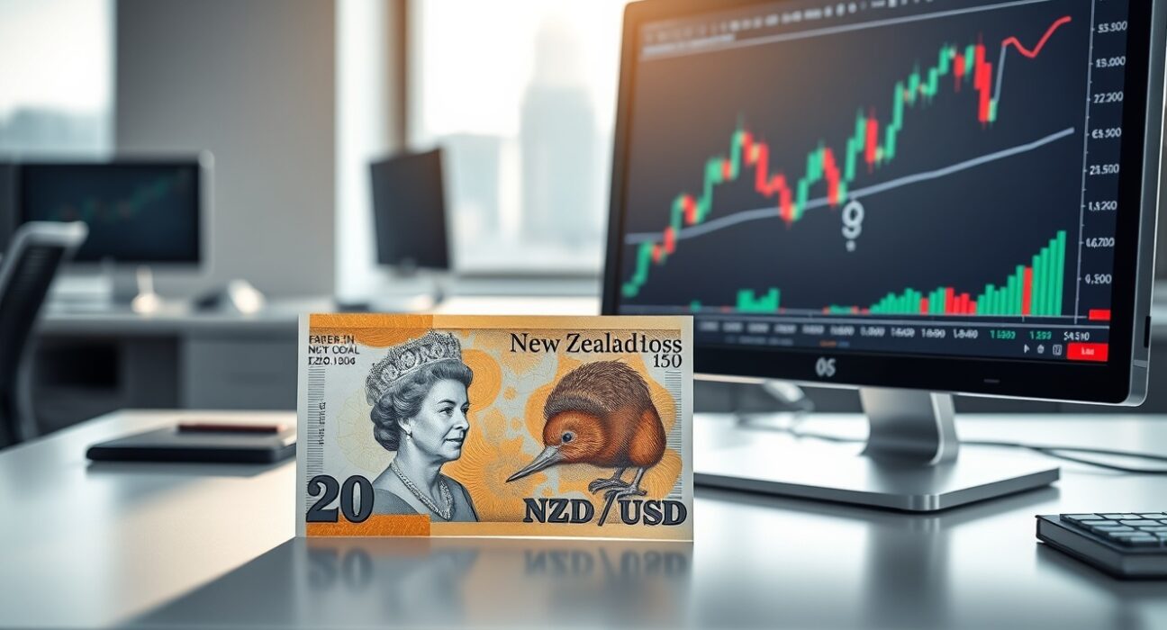 New Zealand Dollar banknote on desk with NZD/USD chart on monitor, representing forex market analysis.