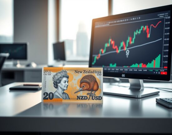 New Zealand Dollar banknote on desk with NZD/USD chart on monitor, representing forex market analysis.