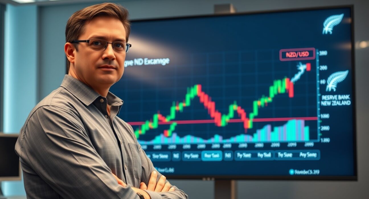 Financial analyst monitoring NZD/USD chart with RBNZ logo on screen