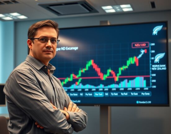 Financial analyst monitoring NZD/USD chart with RBNZ logo on screen