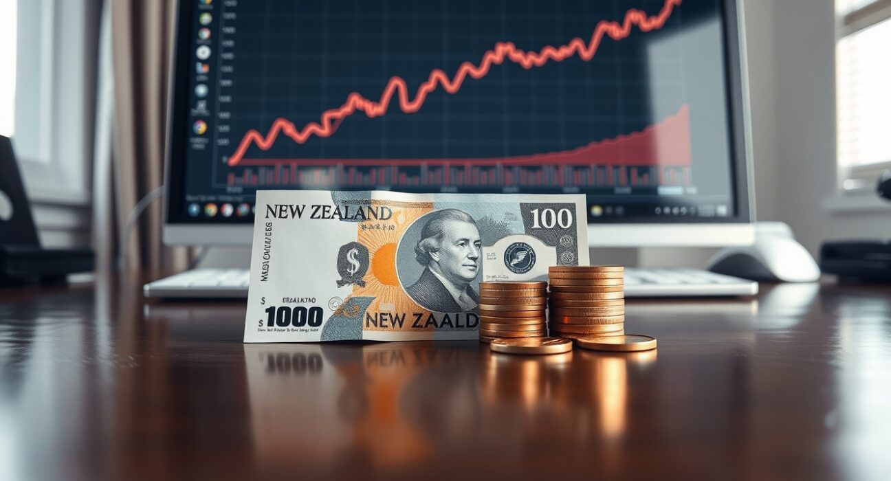 New Zealand Dollar banknotes and coins on a desk with a financial chart in the background
