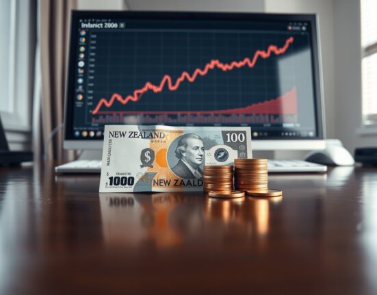New Zealand Dollar banknotes and coins on a desk with a financial chart in the background