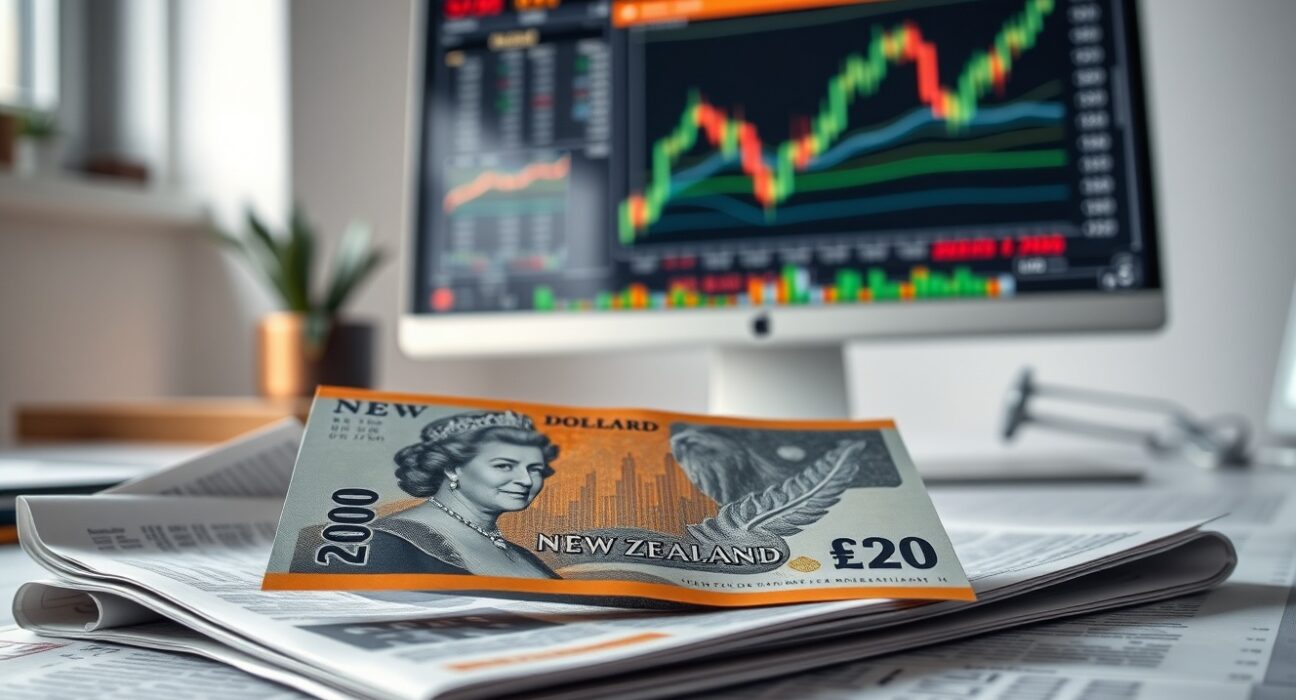 New Zealand Dollar banknote on a desk with forex charts and a computer monitor in the background