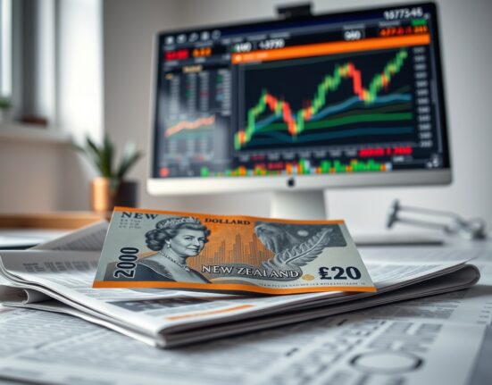 New Zealand Dollar banknote on a desk with forex charts and a computer monitor in the background