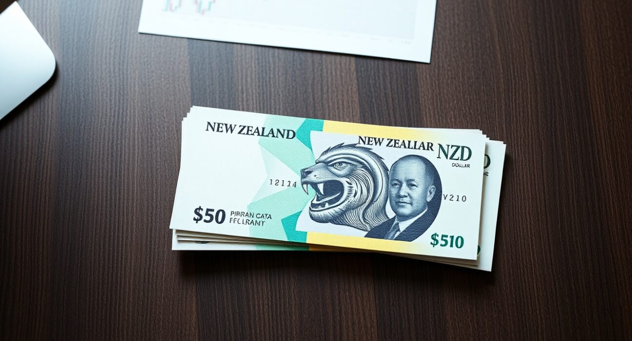 New Zealand Dollar banknotes arranged on a desk, symbolizing currency strength and economic analysis.