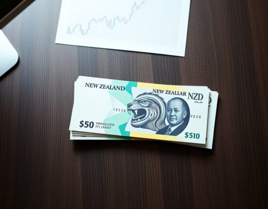 New Zealand Dollar banknotes arranged on a desk, symbolizing currency strength and economic analysis.