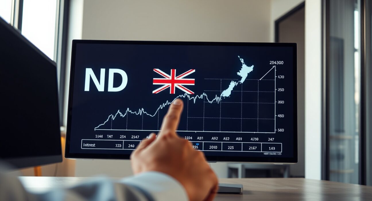 Financial analyst examining NZD exchange rate and RBNZ interest rate chart on digital display.