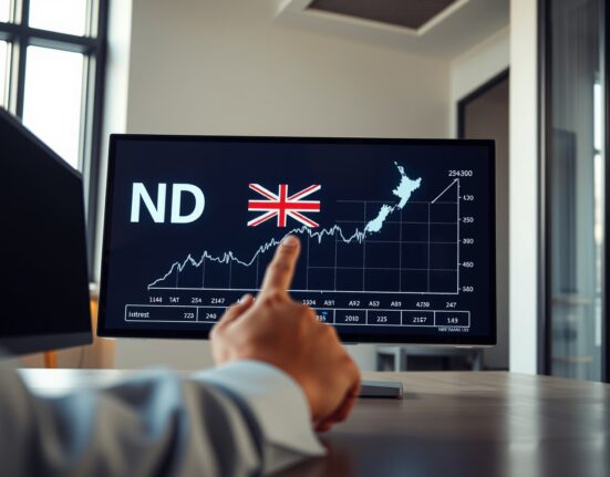 Financial analyst examining NZD exchange rate and RBNZ interest rate chart on digital display.