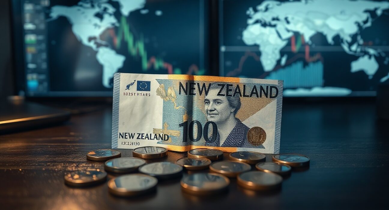New Zealand Dollar banknotes and coins on a desk with financial charts in background