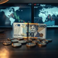 New Zealand Dollar banknotes and coins on a desk with financial charts in background