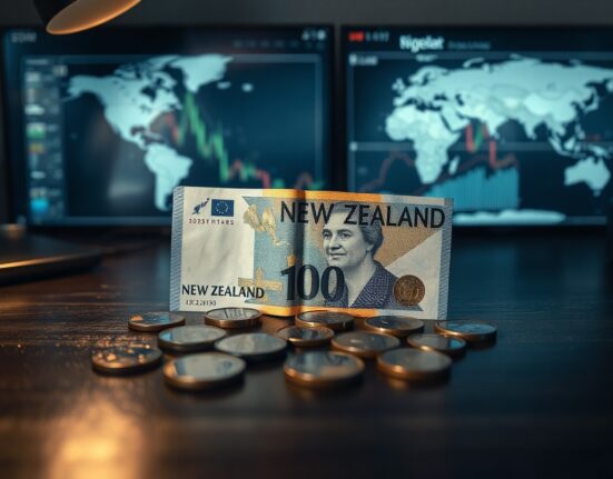 New Zealand Dollar banknotes and coins on a desk with financial charts in background