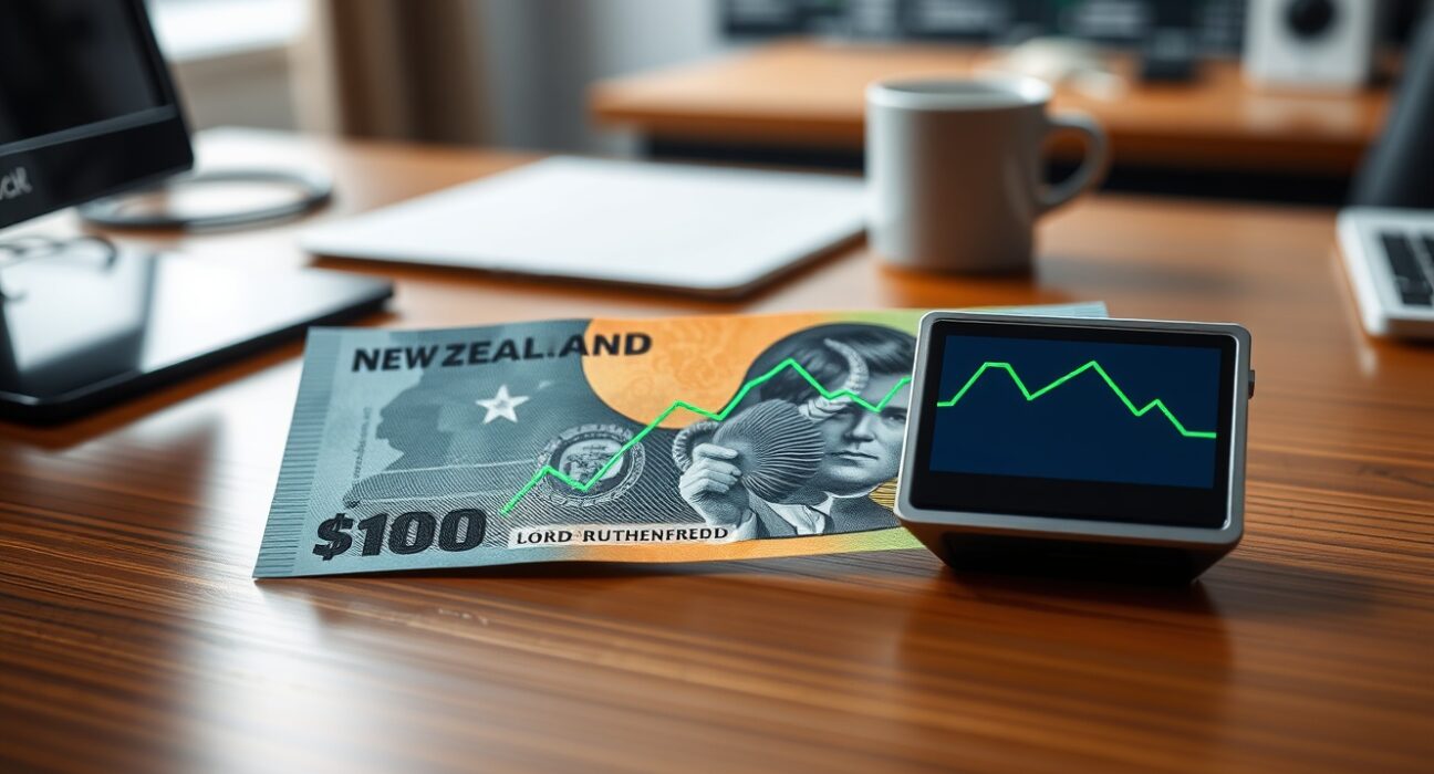 New Zealand Dollar banknote with downward-trending financial graph in background