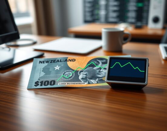 New Zealand Dollar banknote with downward-trending financial graph in background