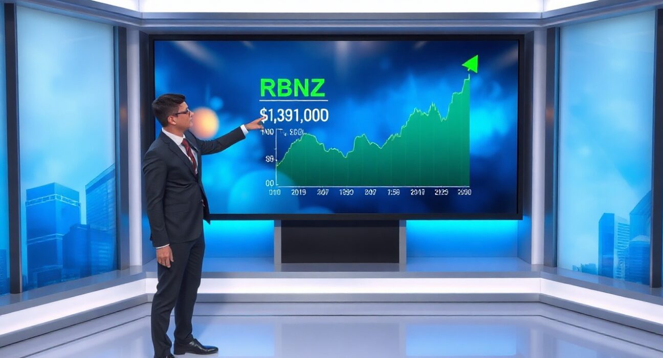 Financial analyst pointing at NZD/USD chart with RBNZ rate hike forecast
