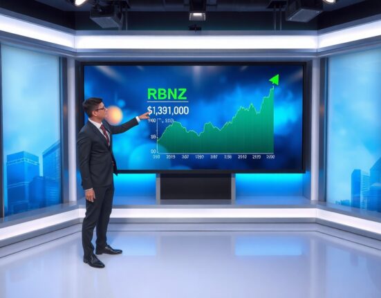 Financial analyst pointing at NZD/USD chart with RBNZ rate hike forecast