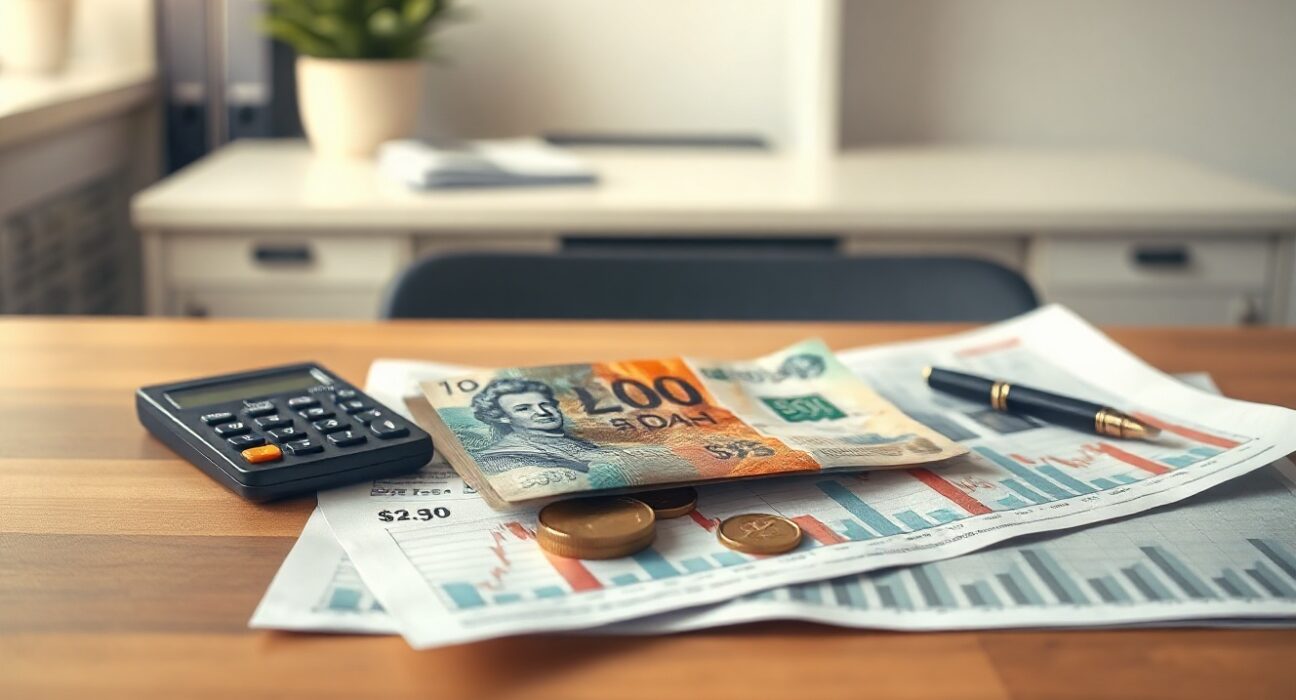 New Zealand Dollar banknotes and coins on a financial chart with a calculator