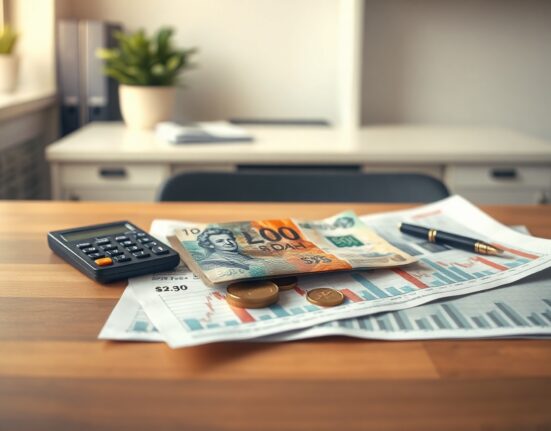New Zealand Dollar banknotes and coins on a financial chart with a calculator