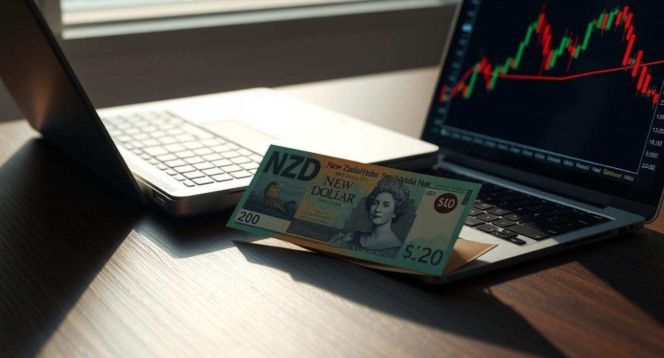 New Zealand Dollar banknote with financial chart on laptop screen