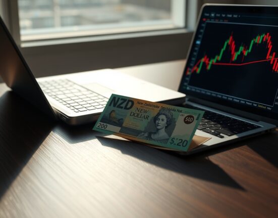 New Zealand Dollar banknote with financial chart on laptop screen