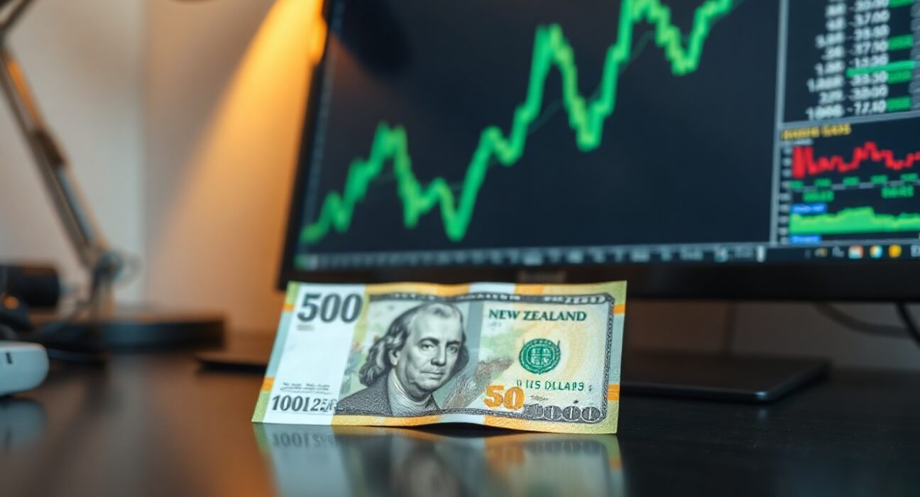 New Zealand Dollar and US Dollar banknotes on a desk with a financial chart in the background