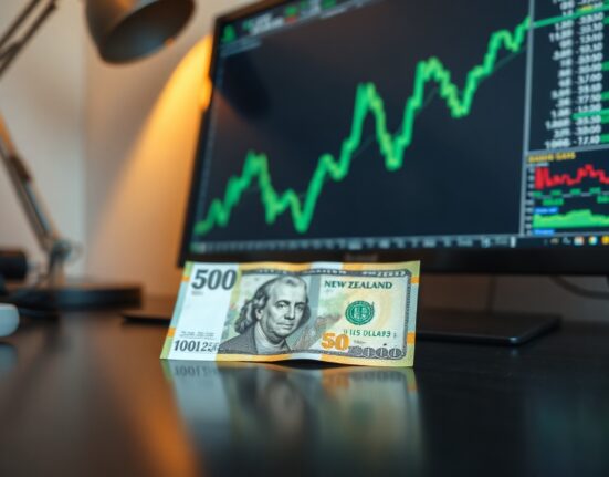 New Zealand Dollar and US Dollar banknotes on a desk with a financial chart in the background
