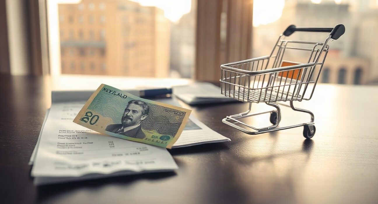 New Zealand Dollar banknote and retail receipt on table, symbolizing retail sales slump and currency market analysis.