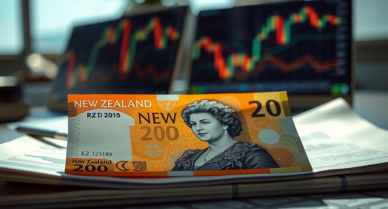 New Zealand Dollar banknote on a financial chart with a downward trend, reflecting currency market movement.