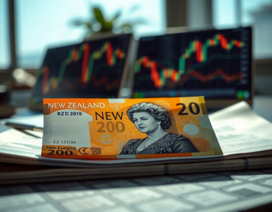 New Zealand Dollar banknote on a financial chart with a downward trend, reflecting currency market movement.