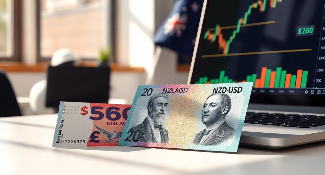 New Zealand Dollar banknotes with a laptop showing a rising forex chart, representing NZD gains on geopolitical and RBNZ factors.