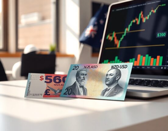 New Zealand Dollar banknotes with a laptop showing a rising forex chart, representing NZD gains on geopolitical and RBNZ factors.