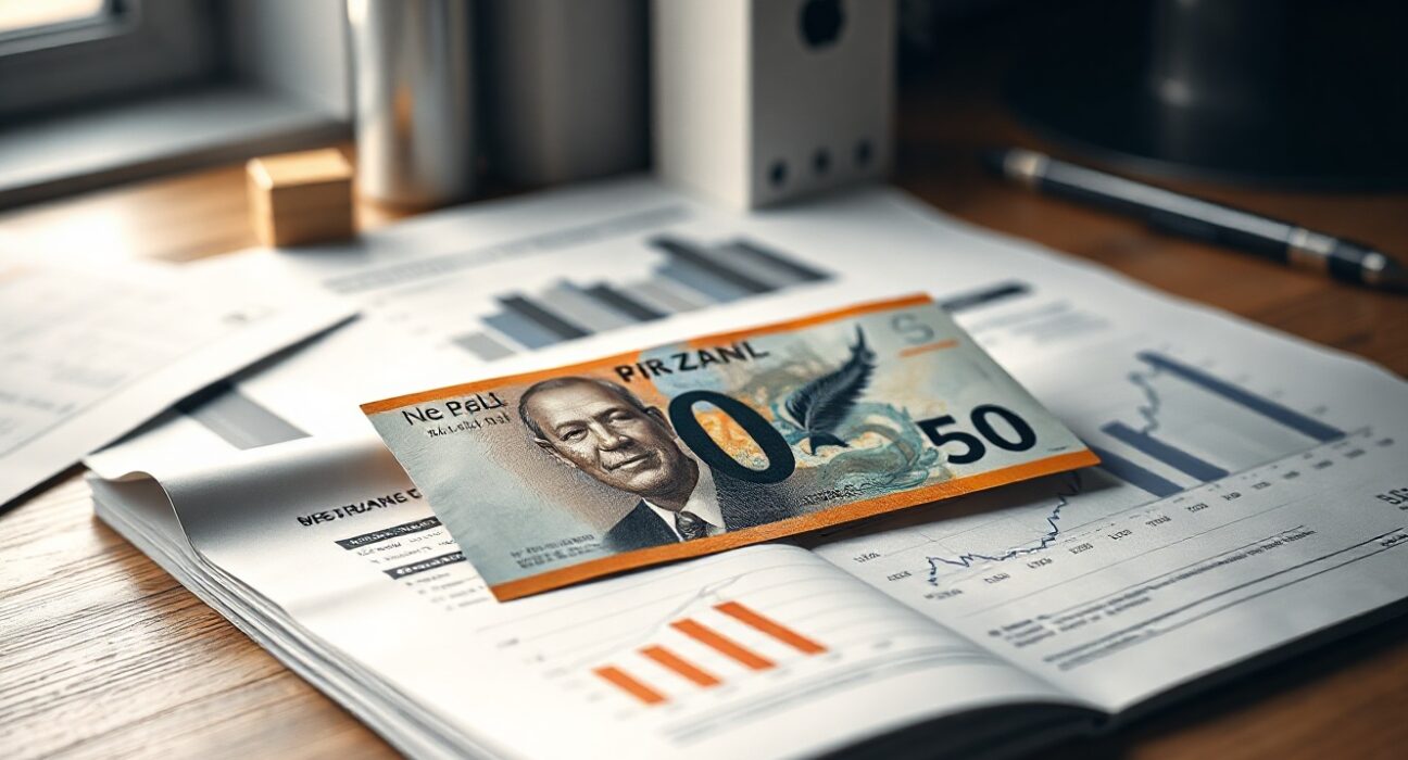 New Zealand Dollar banknote on financial newspaper with charts indicating upward trend