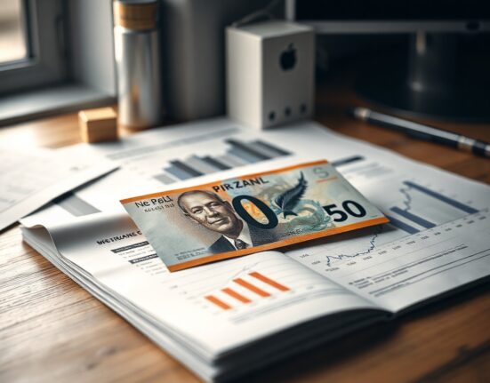 New Zealand Dollar banknote on financial newspaper with charts indicating upward trend