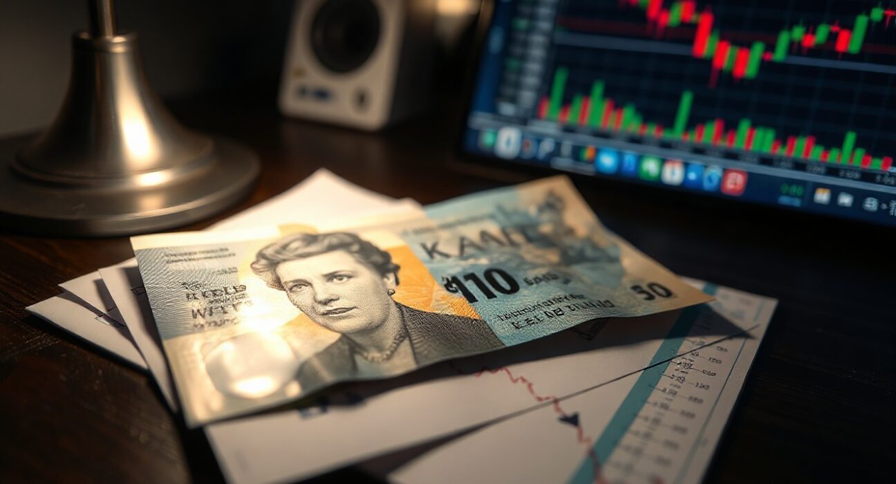 New Zealand Dollar banknote and financial chart on desk illustrating sideways forex market movement.