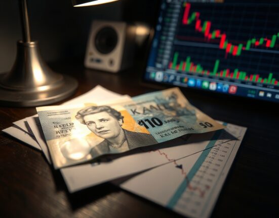 New Zealand Dollar banknote and financial chart on desk illustrating sideways forex market movement.
