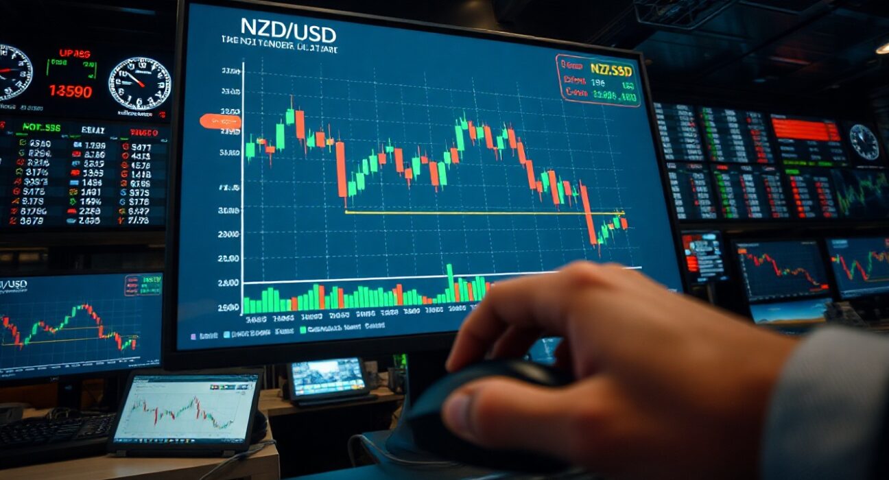 NZD/USD currency pair chart declining on a trading screen in a professional forex trading environment.