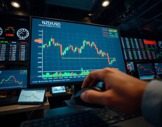 NZD/USD currency pair chart declining on a trading screen in a professional forex trading environment.