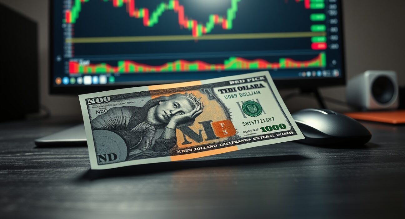 New Zealand Dollar banknote partially covered by a US Dollar bill on a trading desk, symbolizing currency weakness.