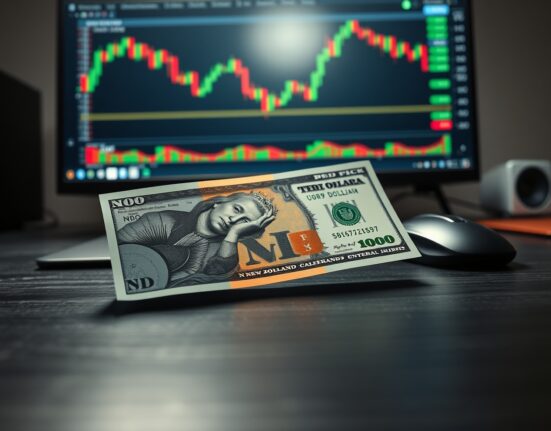 New Zealand Dollar banknote partially covered by a US Dollar bill on a trading desk, symbolizing currency weakness.