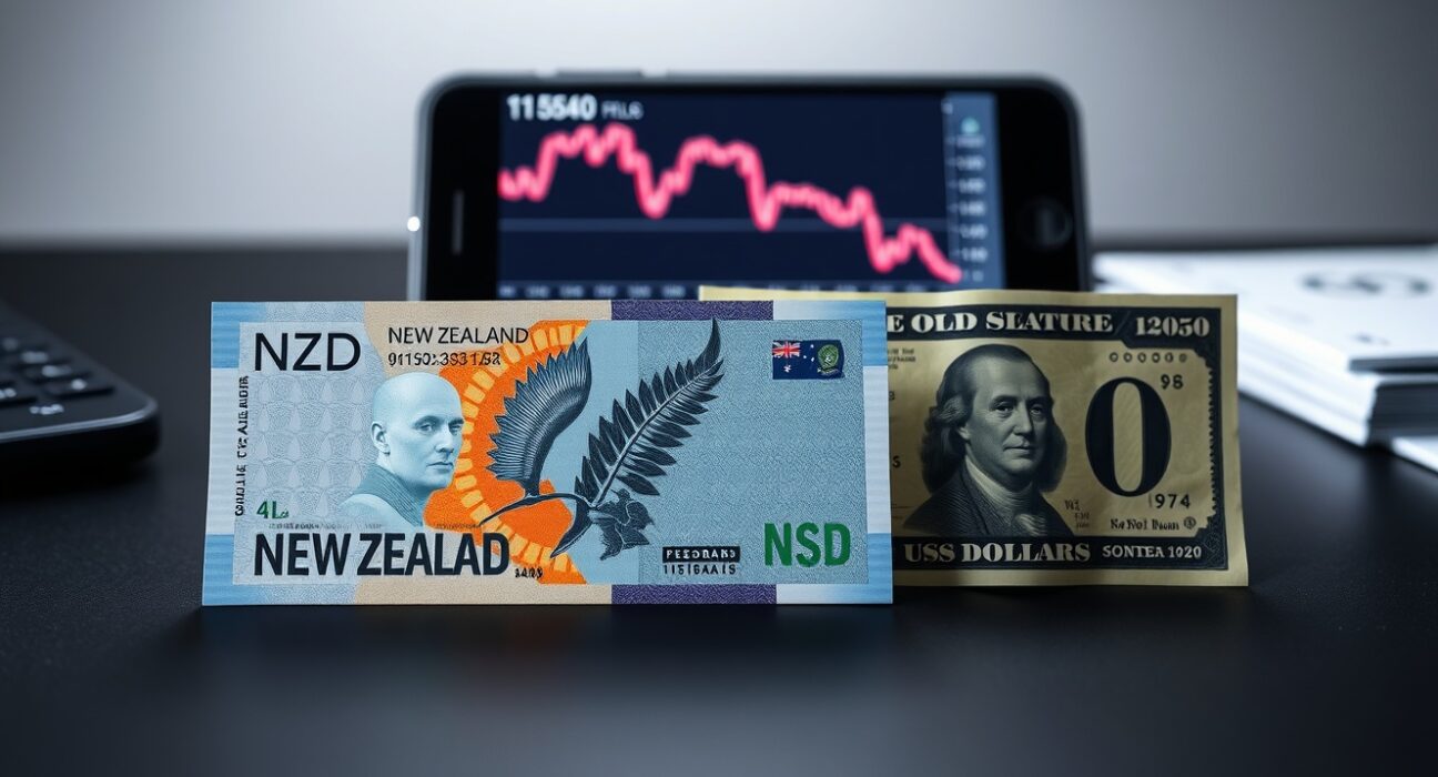New Zealand Dollar and US Dollar banknotes on a desk with a declining financial chart on a screen in the background.