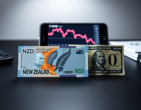 New Zealand Dollar and US Dollar banknotes on a desk with a declining financial chart on a screen in the background.