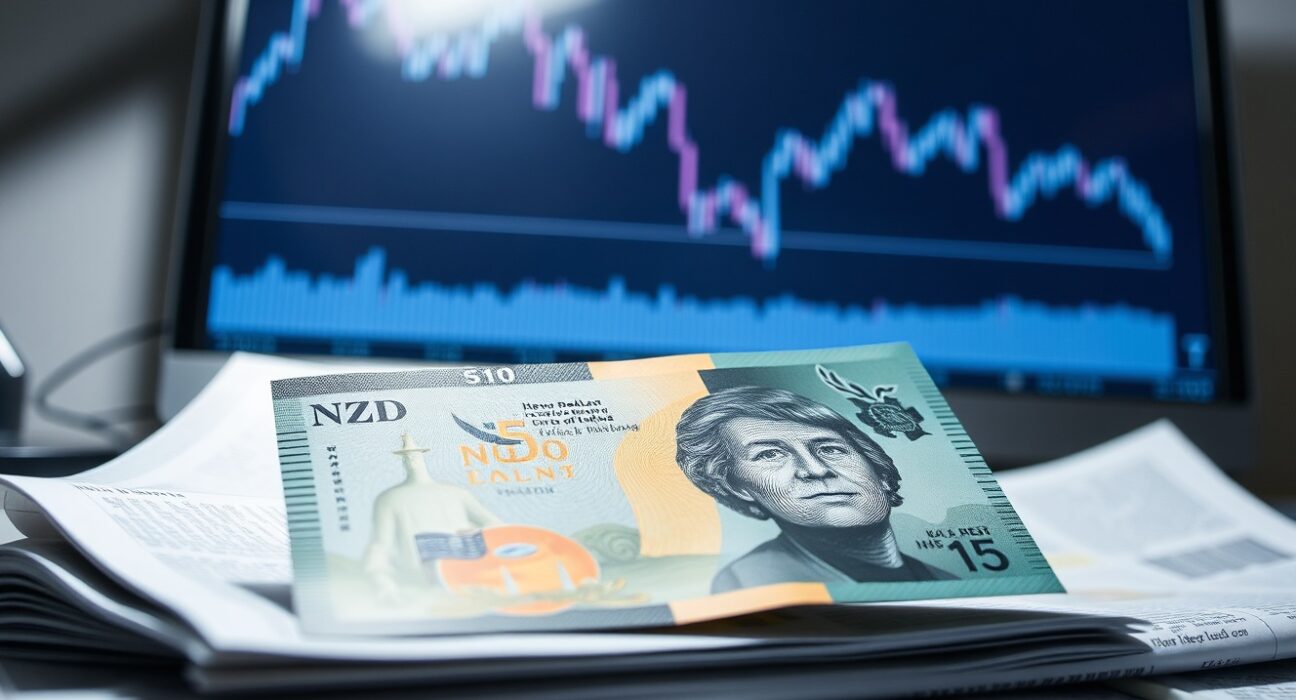 New Zealand Dollar banknote on trading desk with NZD/USD chart on monitor in background
