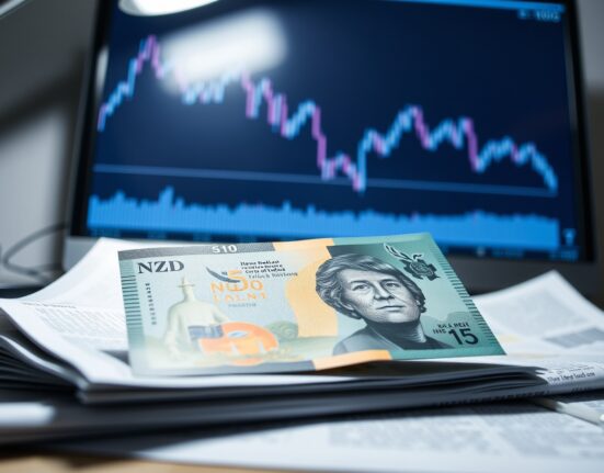 New Zealand Dollar banknote on trading desk with NZD/USD chart on monitor in background